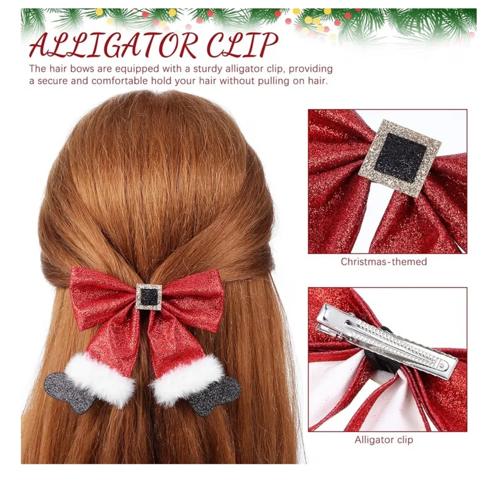 🆕 2pcs Christmas Hair Bow Clips Cute Glitter Hair Clips